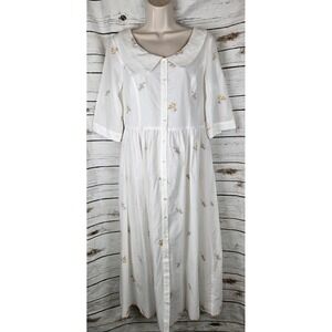 Simple Retro White Floral Embroidered Midi Shirt Dress L Prairie NEW 100% Cotton